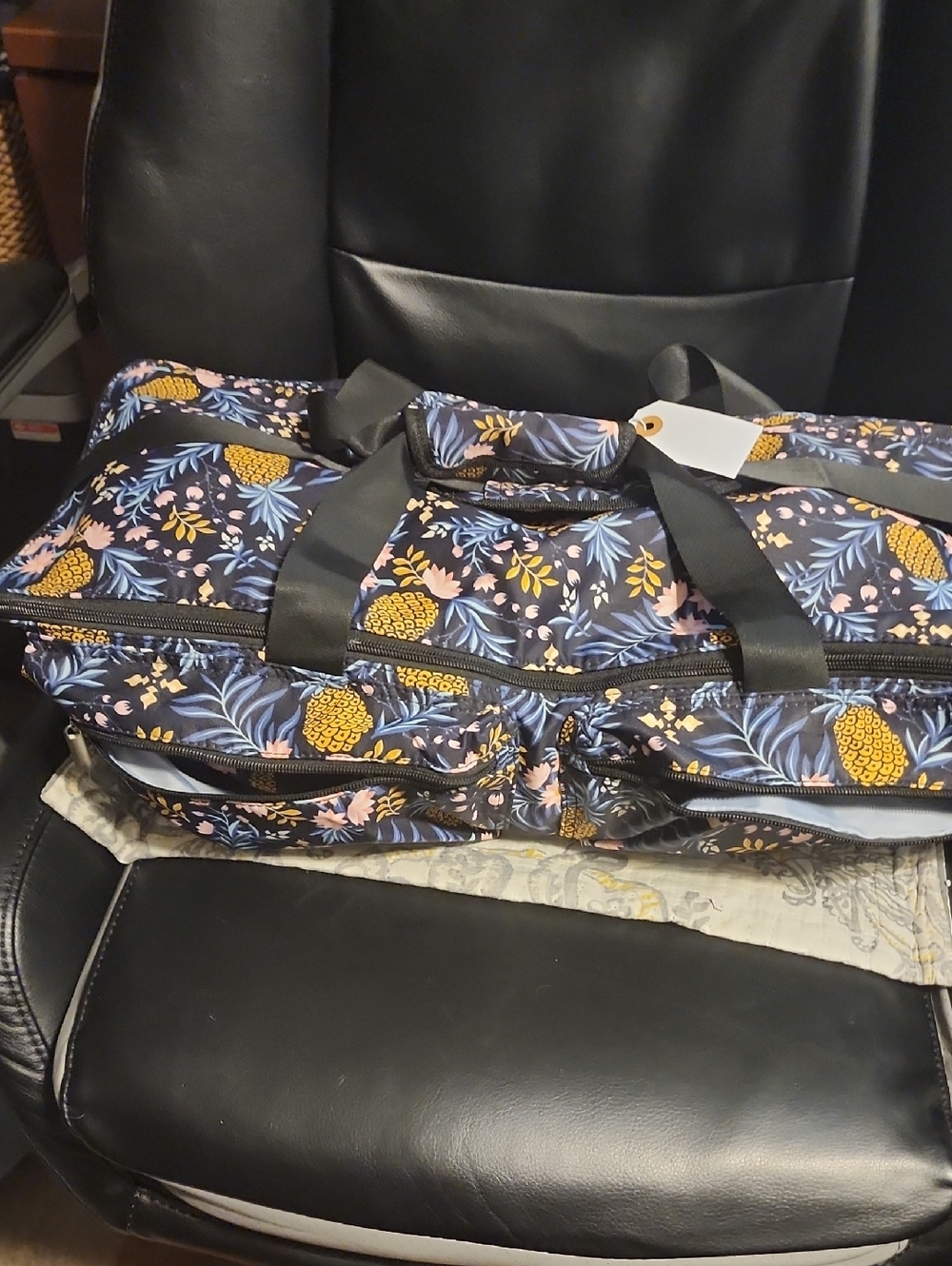 Floral Pineapple Print Travel Duffel Bag - Navy Yellow Pink